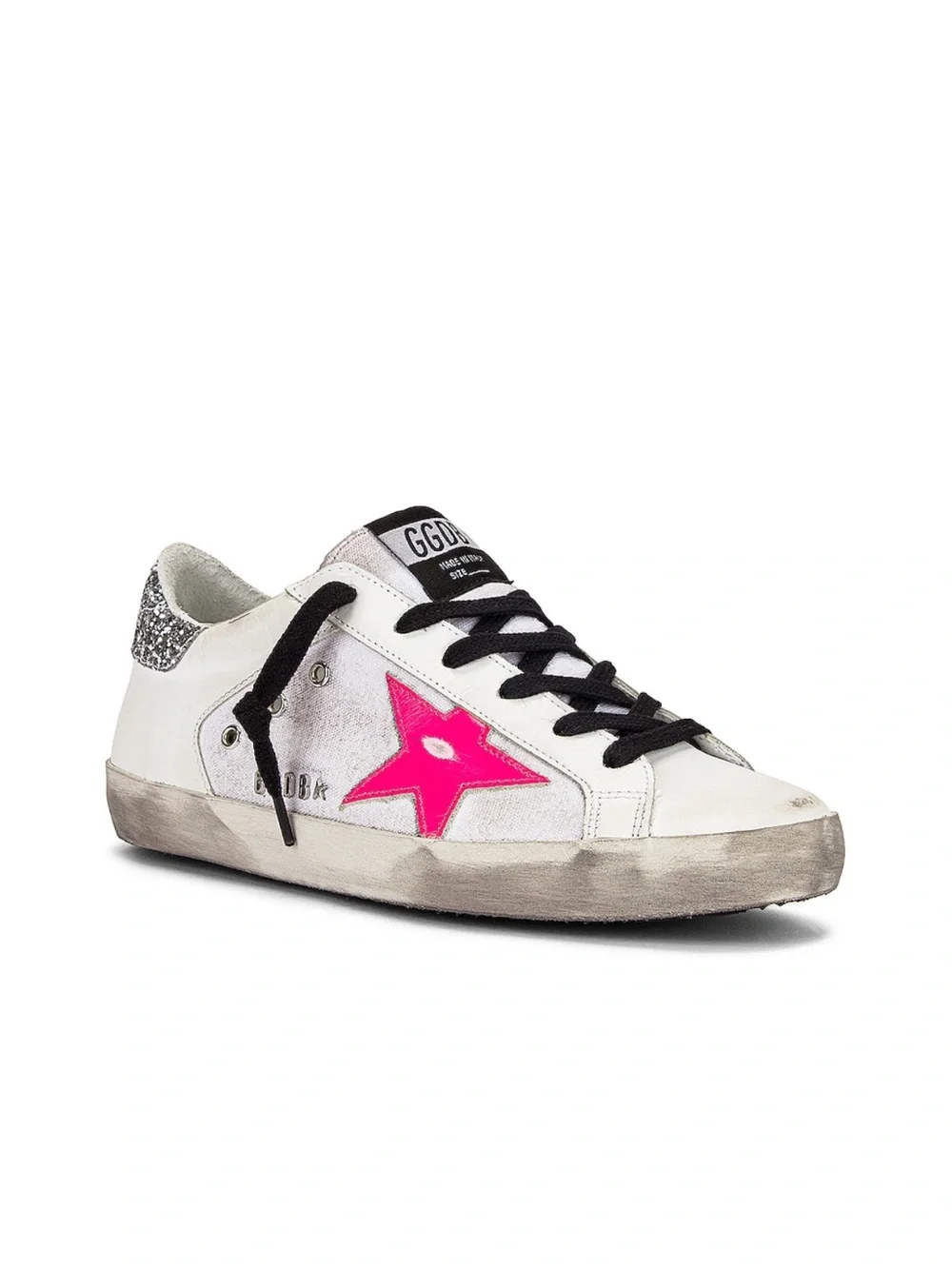 Golden Goose White Sneakers with Hot Pink Star and Black Laces